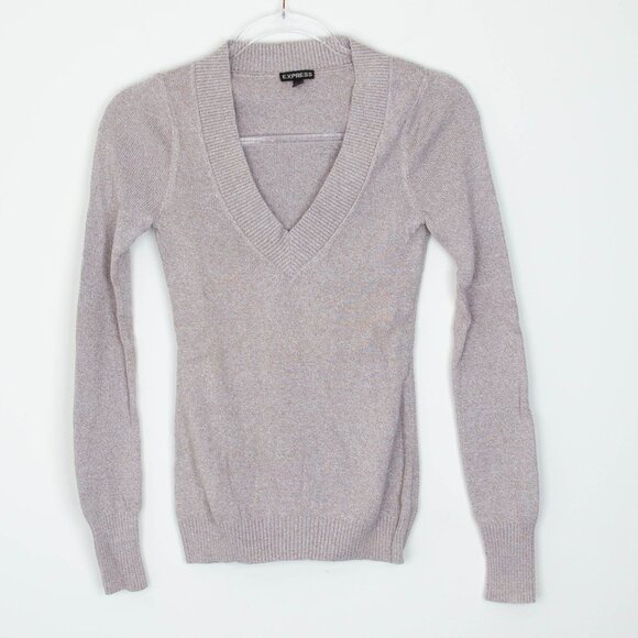 Express Sweaters - Express Womens Plunge V Neck Long Sleeve Knit Sweater Size S Tan Minimalist